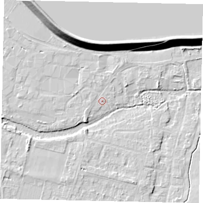 Shaded relief map of the ground around TW170QA, computed from Environment Agency LiDAR. The ground here sits at about 12 m above sea level and falls 14 m across the surrounding 800 m. Surface water reaching this point runs off ground lying to the north, 1.2 m higher.