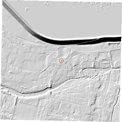 Shaded relief map of the ground around TW170QB, computed from Environment Agency LiDAR. The ground here sits at about 13 m above sea level and falls 14 m across the surrounding 800 m. Surface water reaching this point runs off ground lying to the south, 1.1 m higher.