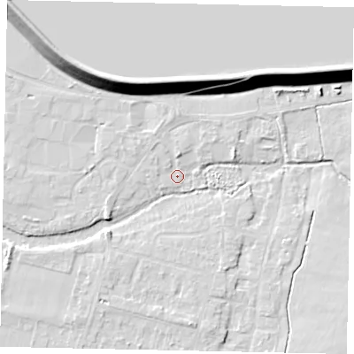 Shaded relief map of the ground around TW170QE, computed from Environment Agency LiDAR. The ground here sits at about 12 m above sea level and falls 14 m across the surrounding 800 m. Surface water reaching this point runs off ground lying to the north, 1.8 m higher.