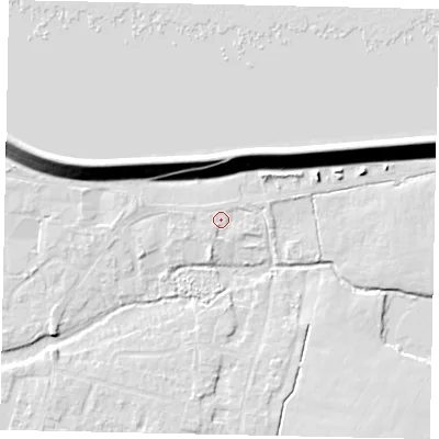 Shaded relief map of the ground around TW170QG, computed from Environment Agency LiDAR. The ground here sits at about 12 m above sea level and falls 14 m across the surrounding 800 m. Surface water reaching this point runs off ground lying to the south-south-west, 1.3 m higher.