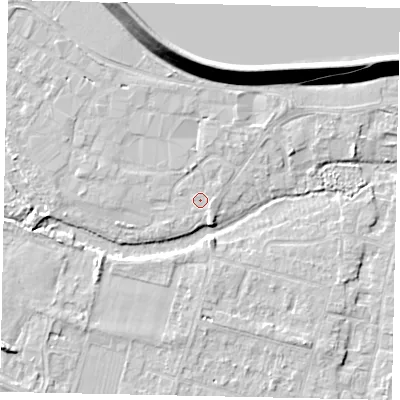 Shaded relief map of the ground around TW170QL, computed from Environment Agency LiDAR. The ground here sits at about 12 m above sea level and falls 14 m across the surrounding 800 m. Surface water reaching this point runs off ground lying to the west-north-west, 1.7 m higher.