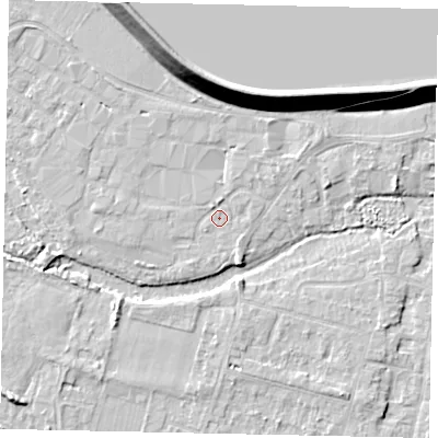Shaded relief map of the ground around TW170QN, computed from Environment Agency LiDAR. The ground here sits at about 12 m above sea level and falls 14 m across the surrounding 800 m. Surface water reaching this point runs off ground lying to the west, 1.7 m higher.