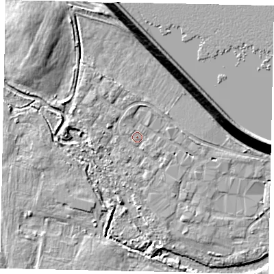 Shaded relief map of the ground around TW170QP, computed from Environment Agency LiDAR. The ground here sits at about 13 m above sea level and falls 14 m across the surrounding 800 m. Surface water reaching this point runs off ground lying to the west-south-west, 1.6 m higher.