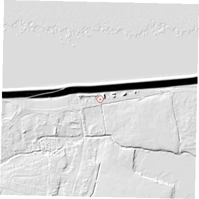 Shaded relief map of the ground around TW170QQ, computed from Environment Agency LiDAR. The ground here sits at about 12 m above sea level and falls 14 m across the surrounding 800 m. Surface water reaching this point runs off ground lying to the west-north-west, 13.3 m higher.
