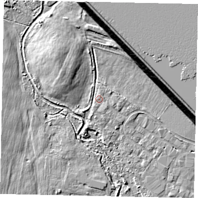 Shaded relief map of the ground around TW170QR, computed from Environment Agency LiDAR. The ground here sits at about 13 m above sea level and falls 13 m across the surrounding 800 m. Surface water reaching this point runs off ground lying to the east-north-east, 1.4 m higher.