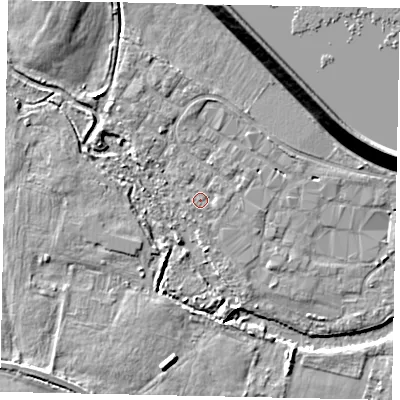 Shaded relief map of the ground around TW170QT, computed from Environment Agency LiDAR. The ground here sits at about 13 m above sea level and falls 14 m across the surrounding 800 m. Surface water reaching this point runs off ground lying to the east-south-east, 0.7 m higher.