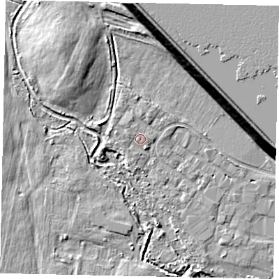 Shaded relief map of the ground around TW170QU, computed from Environment Agency LiDAR. The ground here sits at about 13 m above sea level and falls 14 m across the surrounding 800 m. Surface water reaching this point runs off ground lying to the west-north-west, 0.7 m higher.