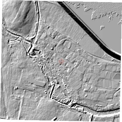 Shaded relief map of the ground around TW170QW, computed from Environment Agency LiDAR. The ground here sits at about 13 m above sea level and falls 14 m across the surrounding 800 m. Surface water reaching this point runs off ground lying to the south, 1.0 m higher.