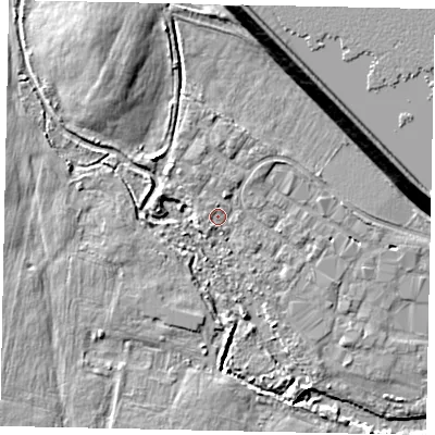 Shaded relief map of the ground around TW170QY, computed from Environment Agency LiDAR. The ground here sits at about 13 m above sea level and falls 14 m across the surrounding 800 m. Surface water reaching this point runs off ground lying to the south-south-west, 1.5 m higher.