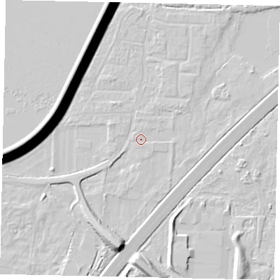 Shaded relief map of the ground around TW170RJ, computed from Environment Agency LiDAR. The ground here sits at about 12 m above sea level and falls 13 m across the surrounding 800 m. Surface water reaching this point runs off ground lying to the west-north-west, 0.7 m higher.
