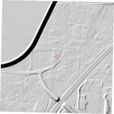 Shaded relief map of the ground around TW170RL, computed from Environment Agency LiDAR. The ground here sits at about 12 m above sea level and falls 14 m across the surrounding 800 m. Surface water reaching this point runs off ground lying to the north, 1.3 m higher.