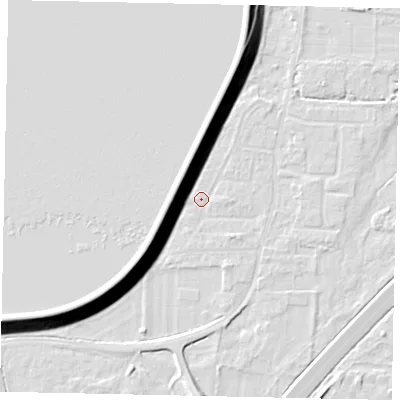 Shaded relief map of the ground around TW170RP, computed from Environment Agency LiDAR. The ground here sits at about 13 m above sea level and falls 13 m across the surrounding 800 m. Surface water reaching this point runs off ground lying to the north-west, 12.5 m higher.