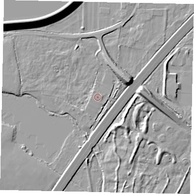 Shaded relief map of the ground around TW170RQ, computed from Environment Agency LiDAR. The ground here sits at about 13 m above sea level and falls 14 m across the surrounding 800 m. Surface water reaching this point runs off ground lying to the east, 0.7 m higher.