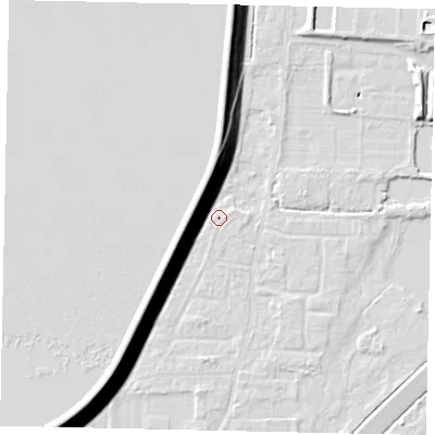 Shaded relief map of the ground around TW170RR, computed from Environment Agency LiDAR. The ground here sits at about 13 m above sea level and falls 15 m across the surrounding 800 m. Surface water reaching this point runs off ground lying to the west, 12.7 m higher.