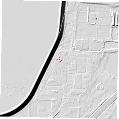 Shaded relief map of the ground around TW170RU, computed from Environment Agency LiDAR. The ground here sits at about 13 m above sea level and falls 15 m across the surrounding 800 m. The ground contributing surface water to this point lies to the north-north-east.