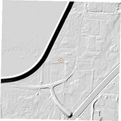 Shaded relief map of the ground around TW170RW, computed from Environment Agency LiDAR. The ground here sits at about 12 m above sea level and falls 13 m across the surrounding 800 m. Surface water reaching this point runs off ground lying to the north-east, 2.0 m higher.