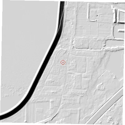 Shaded relief map of the ground around TW170RX, computed from Environment Agency LiDAR. The ground here sits at about 13 m above sea level and falls 15 m across the surrounding 800 m. Surface water reaching this point runs off ground lying to the south-east, 1.0 m higher.