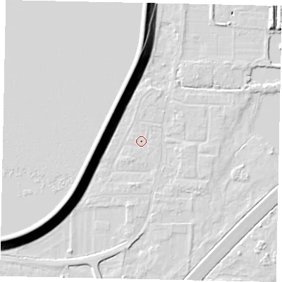 Shaded relief map of the ground around TW170RZ, computed from Environment Agency LiDAR. The ground here sits at about 13 m above sea level and falls 15 m across the surrounding 800 m. Surface water reaching this point runs off ground lying to the north, 0.6 m higher.