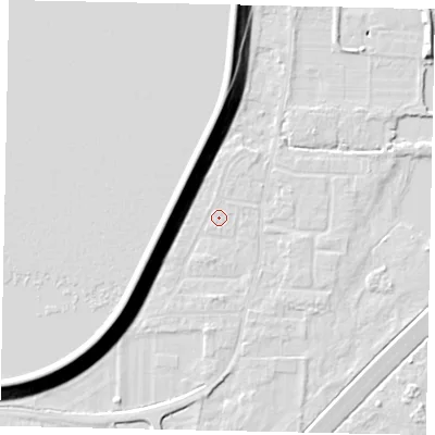 Shaded relief map of the ground around TW170SA, computed from Environment Agency LiDAR. The ground here sits at about 12 m above sea level and falls 15 m across the surrounding 800 m. The ground contributing surface water to this point lies to the north.