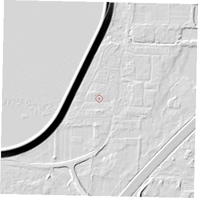 Shaded relief map of the ground around TW170SB, computed from Environment Agency LiDAR. The ground here sits at about 12 m above sea level and falls 13 m across the surrounding 800 m. Surface water reaching this point runs off ground lying to the south, 1.5 m higher.
