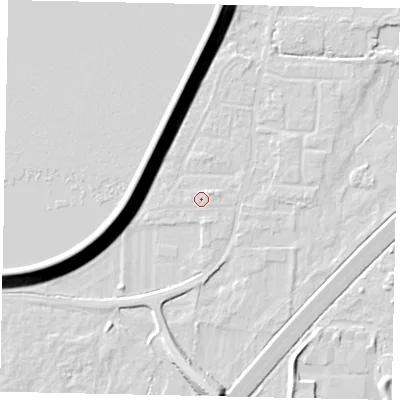 Shaded relief map of the ground around TW170SD, computed from Environment Agency LiDAR. The ground here sits at about 13 m above sea level and falls 13 m across the surrounding 800 m. Surface water reaching this point runs off ground lying to the south-south-east, 0.9 m higher.