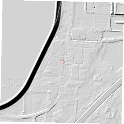 Shaded relief map of the ground around TW170SE, computed from Environment Agency LiDAR. The ground here sits at about 12 m above sea level and falls 15 m across the surrounding 800 m. Surface water reaching this point runs off ground lying to the south-east, 1.1 m higher.