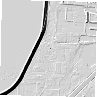 Shaded relief map of the ground around TW170SF, computed from Environment Agency LiDAR. The ground here sits at about 12 m above sea level and falls 15 m across the surrounding 800 m. Surface water reaching this point runs off ground lying to the south-south-east, 1.1 m higher.