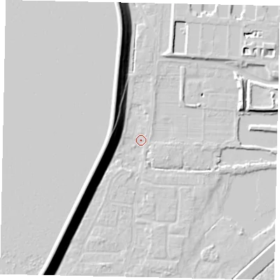 Shaded relief map of the ground around TW170SG, computed from Environment Agency LiDAR. The ground here sits at about 12 m above sea level and falls 15 m across the surrounding 800 m. Surface water reaching this point runs off ground lying to the south-west, 12.9 m higher.