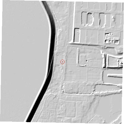 Shaded relief map of the ground around TW170SH, computed from Environment Agency LiDAR. The ground here sits at about 12 m above sea level and falls 15 m across the surrounding 800 m. Surface water reaching this point runs off ground lying to the south, 0.5 m higher.