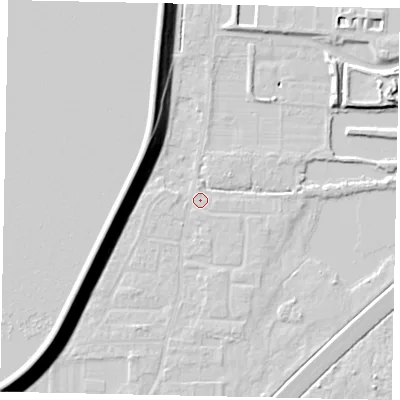 Shaded relief map of the ground around TW170SJ, computed from Environment Agency LiDAR. The ground here sits at about 12 m above sea level and falls 15 m across the surrounding 800 m. Surface water reaching this point runs off ground lying to the south, 1.1 m higher.