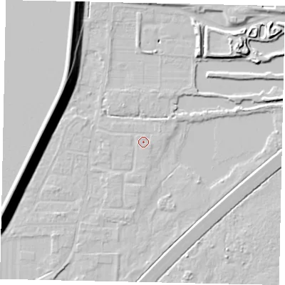 Shaded relief map of the ground around TW170SL, computed from Environment Agency LiDAR. The ground here sits at about 12 m above sea level and falls 15 m across the surrounding 800 m. Surface water reaching this point runs off ground lying to the south-west, 1.1 m higher.