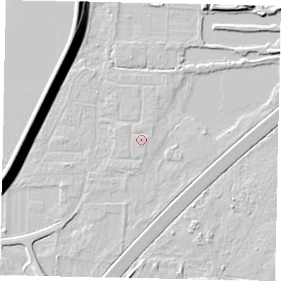 Shaded relief map of the ground around TW170SN, computed from Environment Agency LiDAR. The ground here sits at about 13 m above sea level and falls 13 m across the surrounding 800 m. Surface water reaching this point runs off ground lying to the east-south-east, 0.7 m higher.