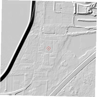 Shaded relief map of the ground around TW170SP, computed from Environment Agency LiDAR. The ground here sits at about 12 m above sea level and falls 15 m across the surrounding 800 m. Surface water reaching this point runs off ground lying to the west-north-west, 0.6 m higher.