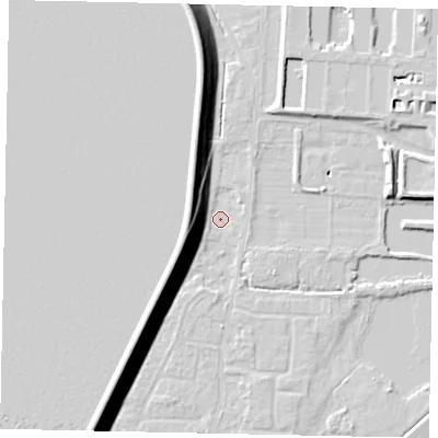 Shaded relief map of the ground around TW170SQ, computed from Environment Agency LiDAR. The ground here sits at about 12 m above sea level and falls 15 m across the surrounding 800 m. Surface water reaching this point runs off ground lying to the south-west, 12.8 m higher.