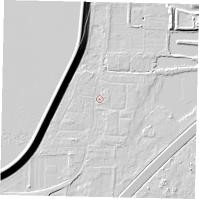 Shaded relief map of the ground around TW170SR, computed from Environment Agency LiDAR. The ground here sits at about 12 m above sea level and falls 15 m across the surrounding 800 m. Surface water reaching this point runs off ground lying to the south-south-east, 1.1 m higher.