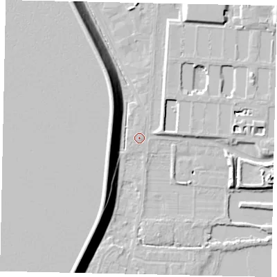 Shaded relief map of the ground around TW170SS, computed from Environment Agency LiDAR. The ground here sits at about 13 m above sea level and falls 15 m across the surrounding 800 m. Surface water reaching this point runs off ground lying to the west-south-west, 0.5 m higher.