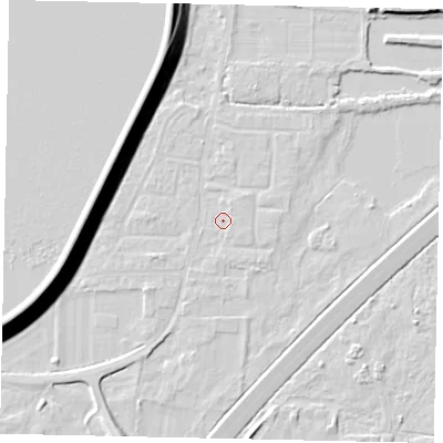 Shaded relief map of the ground around TW170ST, computed from Environment Agency LiDAR. The ground here sits at about 12 m above sea level and falls 13 m across the surrounding 800 m. Surface water reaching this point runs off ground lying to the south, 0.8 m higher.