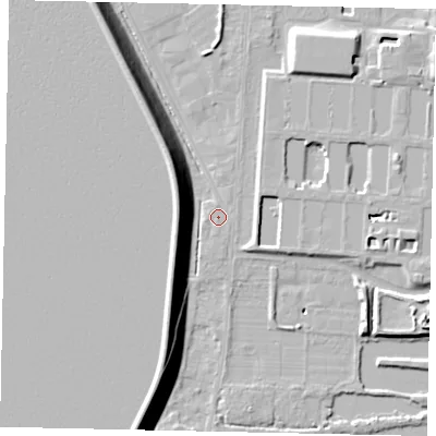 Shaded relief map of the ground around TW170SU, computed from Environment Agency LiDAR. The ground here sits at about 13 m above sea level and falls 15 m across the surrounding 800 m. Surface water reaching this point runs off ground lying to the north-west, 12.9 m higher.