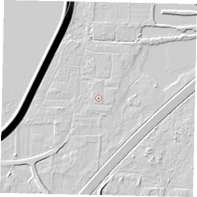 Shaded relief map of the ground around TW170SW, computed from Environment Agency LiDAR. The ground here sits at about 13 m above sea level and falls 13 m across the surrounding 800 m. Surface water reaching this point runs off ground lying to the west, 0.7 m higher.