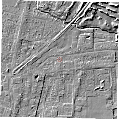 Shaded relief map of the ground around TW178AA, computed from Environment Agency LiDAR. The ground here sits at about 11 m above sea level and falls 9 m across the surrounding 800 m. Surface water reaching this point runs off ground lying to the west, 1.7 m higher.
