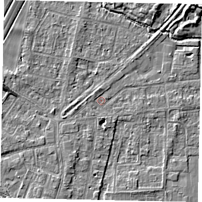 Shaded relief map of the ground around TW178AF, computed from Environment Agency LiDAR. The ground here sits at about 12 m above sea level and falls 8 m across the surrounding 800 m. Surface water reaching this point runs off ground lying to the west, 1.3 m higher.