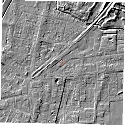 Shaded relief map of the ground around TW178AG, computed from Environment Agency LiDAR. The ground here sits at about 12 m above sea level and falls 9 m across the surrounding 800 m. Surface water reaching this point runs off ground lying to the west-north-west, 1.6 m higher.