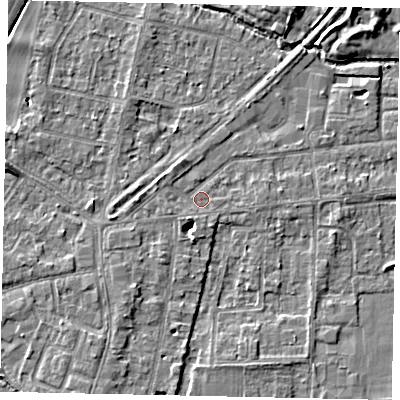 Shaded relief map of the ground around TW178AL, computed from Environment Agency LiDAR. The ground here sits at about 12 m above sea level and falls 6 m across the surrounding 800 m. Surface water reaching this point runs off ground lying to the west-north-west, 1.3 m higher.