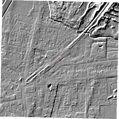 Shaded relief map of the ground around TW178AN, computed from Environment Agency LiDAR. The ground here sits at about 12 m above sea level and falls 10 m across the surrounding 800 m. Surface water reaching this point runs off ground lying to the north-east, 0.8 m higher.