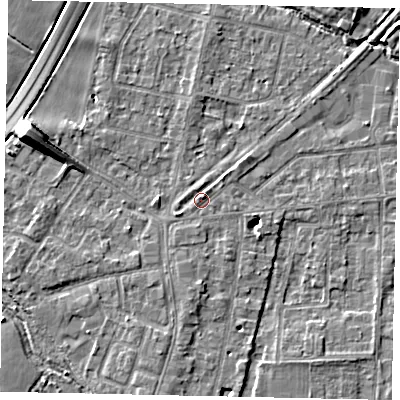 Shaded relief map of the ground around TW178AP, computed from Environment Agency LiDAR. The ground here sits at about 12 m above sea level and falls 10 m across the surrounding 800 m. Surface water reaching this point runs off ground lying to the south, 1.6 m higher.
