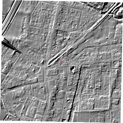 Shaded relief map of the ground around TW178AR, computed from Environment Agency LiDAR. The ground here sits at about 12 m above sea level and falls 10 m across the surrounding 800 m. Surface water reaching this point runs off ground lying to the east-south-east, 0.8 m higher.