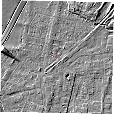 Shaded relief map of the ground around TW178AU, computed from Environment Agency LiDAR. The ground here sits at about 12 m above sea level and falls 10 m across the surrounding 800 m. Surface water reaching this point runs off ground lying to the west, 7.9 m higher.
