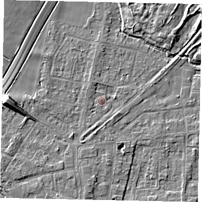 Shaded relief map of the ground around TW178AW, computed from Environment Agency LiDAR. The ground here sits at about 12 m above sea level and falls 10 m across the surrounding 800 m. Surface water reaching this point runs off ground lying to the north-west, 1.3 m higher.