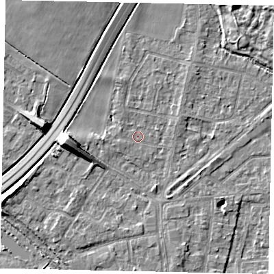 Shaded relief map of the ground around TW178AY, computed from Environment Agency LiDAR. The ground here sits at about 12 m above sea level and falls 10 m across the surrounding 800 m. Surface water reaching this point runs off ground lying to the west, 7.7 m higher.