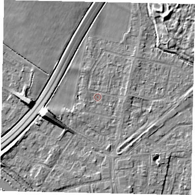Shaded relief map of the ground around TW178BB, computed from Environment Agency LiDAR. The ground here sits at about 12 m above sea level and falls 10 m across the surrounding 800 m. Surface water reaching this point runs off ground lying to the north-north-west, 1.2 m higher.
